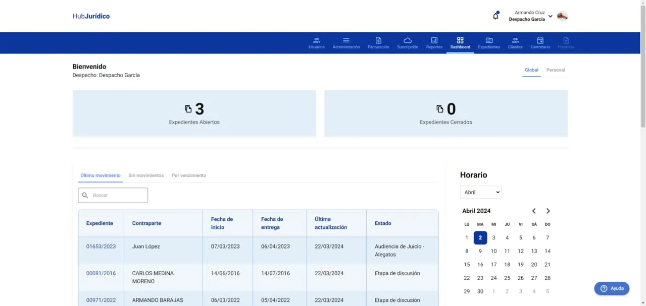 Revisa el estado general de tu despacho en el dashboard de HubJuridico